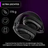 A pair of black headphones is shown folded on a dark background with marketing text and icons. Produktbild-Vorschau