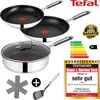 A collection of Tefal cookware items, including frying pans and a pot with a lid, displayed with marketing labels and certifications. Produktbild-Vorschau