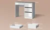 A diagram showing the dimensions of a white desk and its drawers. Voir les images du produit