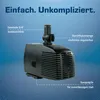 A black water pump is shown against a gradient blue background with text describing its features. Produktbild-Vorschau
