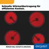 A top-down view of a black stovetop with four red-hot electric heating elements, accompanied by marketing text and a brand logo. Produktbild-Vorschau