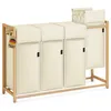 A beige laundry sorter with a wooden frame and four compartments. Anteprima dell’immagine prodotto