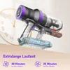 A cordless vacuum cleaner is shown with a clock in the background, and text highlighting its long runtime. Produktbild-Vorschau