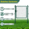 A green garden gate is shown in a grassy outdoor setting, with feature callouts on the left. Produktbild-Vorschau