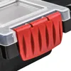 A close-up view of a red latch on a clear plastic storage box. Produktbild-Vorschau