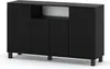 A black minimalist sideboard with four doors and an open shelf in the middle, shown against a white background. Produktbild-Vorschau