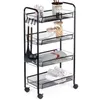 A black metal rolling cart with four shelves, filled with kitchen items and towels. Náhled obrázku produktu
