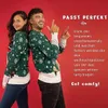Two people wearing Christmas sweaters stand back to back against a red background. Text overlays describe the product. Produktbild-Vorschau