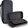 A dark gray protective case for a Nintendo Switch is shown open, with the console inside. The case has a textured exterior and a soft interior lining. A separate, closed case is positioned behind it. Produktbild-Vorschau