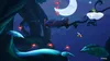 Mickey Mouse jumping through a fantastical, dreamlike environment at night, with glowing red platforms and a large moon. Produktbild-Vorschau