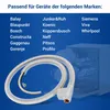 A close-up of a dishwasher inlet hose with a list of compatible brands in the background, and a faint outline of a dishwasher. Produktbild-Vorschau