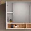 A close-up view of a white bathroom cabinet with a mirror and open shelves displaying toiletries. Produktbild-Vorschau