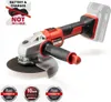 A cordless angle grinder is shown against a white background, with several badges and a 'not included' warning overlay. Produktbild-Vorschau