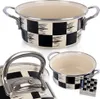 A collage of an enamel pot with a black and white checkered pattern. Produktbild-Vorschau