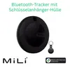A black Bluetooth tracker with a keychain attachment is shown on a white background, along with text and logos. Anteprima dell’immagine prodotto