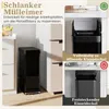 A slim black trash can is shown next to kitchen cabinets, with close-up shots highlighting its lid features. Podgląd zdjęcia produktu
