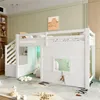 A child's bedroom with a white loft bed and stairs, decorated with stuffed animals and toys. Produktbild-Vorschau