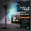 A stand fan is shown in the foreground, with a couple sleeping in bed in the background, implying the fan's quiet operation. Text overlays highlight features and brand. Voir les images du produit