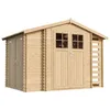 A wooden garden shed with double doors and windows, presented against a white background. Náhled obrázku produktu