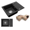 A black kitchen sink with a draining board is shown from a slightly elevated angle, with a smaller, top-down view of the same sink and a few cardboard boxes in the lower right corner. Anteprima dell’immagine prodotto