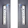 Two identical LED stainless steel shower panels with water flowing and blue LED lights. Náhled obrázku produktu