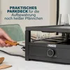 A person is using a raclette grill, with text overlay describing a feature. Produktbild-Vorschau