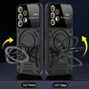 Two identical black phone cases are shown side-by-side against a dark background, each with a rotating ring stand. Yellow arrows indicate the rotation of the ring stands. Produktbild-Vorschau