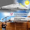 A woman is adjusting a large beige umbrella in a backyard setting, with graphics illustrating its water-resistant and UV-protective qualities. Produktbild-Vorschau