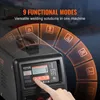 Close-up of a VEVOR dent pulling machine with a finger pressing a button, and a graphic overlay showing 9 functional modes. Produktbild-Vorschau