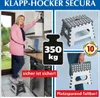 A collage advertising a foldable stool, showing a woman using it in a kitchen, the stool itself, and a folded stool being carried. Includes text overlays highlighting features and warranty. Podgląd zdjęcia produktu