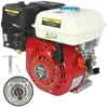 A close-up studio shot of a red and white 7 HP gasoline engine, with some accessories and a detail view of the shaft. Produktbild-Vorschau