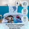 A Disney Frozen themed duvet cover and pillowcase set displayed on a bed with decorative elements and feature icons. Produktbild-Vorschau