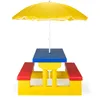 A children's picnic table with benches and a yellow umbrella, set against a white background. Produktbild-Vorschau