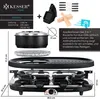 A marketing image showcasing a raclette grill with various accessories and dimensions. Produktbild-Vorschau