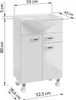 A white bathroom vanity with a sink and legs, with dimensions indicated. Produktbild-Vorschau