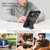 A person using a phone case with a stand, and lifestyle shots of people using the phone case outdoors and indoors. Produktbild-Vorschau