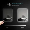 A comparison of a bathroom mirror with and without its LED lighting activated, showing different brightness levels. Produktbild-Vorschau