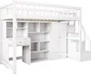 A white loft bed with integrated desk, shelves, and wardrobe, shown from the front-left. Podgląd zdjęcia produktu