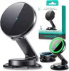 A collage of a black foldable magnetic wireless car charger holder with a lightning bolt symbol, and its packaging. Voir les images du produit