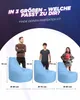 Three light blue beanbag chairs of different sizes are shown with people standing next to them to indicate scale. Dimensions are provided for each chair. Produktbild-Vorschau