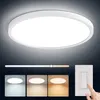 A ceiling light fixture is shown with a slider indicating color temperature adjustment, and three smaller images showing the light in different color temperatures. A hand is shown interacting with a light switch. Produktbild-Vorschau