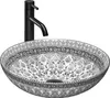 A black faucet is mounted on a decorative washbasin. Produktbild-Vorschau