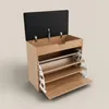 A wooden shoe cabinet with a black upholstered seat and open shelves. Náhľad obrázku produktu