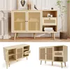 A collage of images showing a wooden sideboard with rattan doors and drawers, displayed in different angles and settings. Náhled obrázku produktu