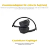 A pair of black headphones folded for storage, with German text describing their features. Produktbild-Vorschau