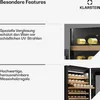 A split image showing text descriptions of features on the left and close-ups of a wine cooler on the right. Produktbild-Vorschau