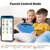 Two children are sitting on a couch, looking at a blue tablet. A phone screen showing parental control settings is on the left. Icons and text describing features are at the bottom. Produktbild-Vorschau