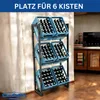 A metal rack holding six blue crates filled with bottles, placed in a room with a textured wall and wooden floor. Náhľad obrázku produktu