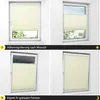 A collage of four images showing a cream-colored pleated blind in different window configurations and positions. Produktbild-Vorschau