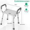 A shower chair with dimensions and weight capacity indicated by text overlays. Podgląd zdjęcia produktu